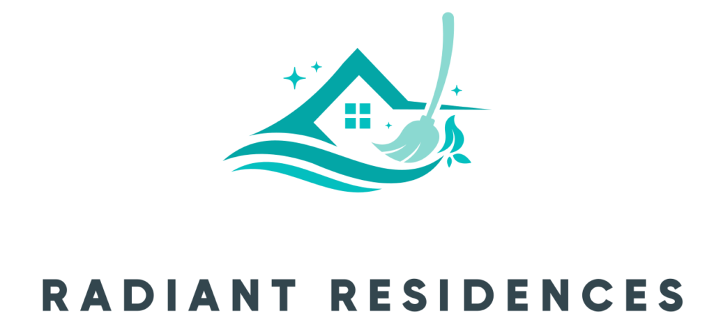 Radiant Residences transparent logo of broom sweeping away a home with tag line shine a new light on clean.